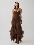 Federica | Vestido Maxi en Chiffon y Encaje Marrón