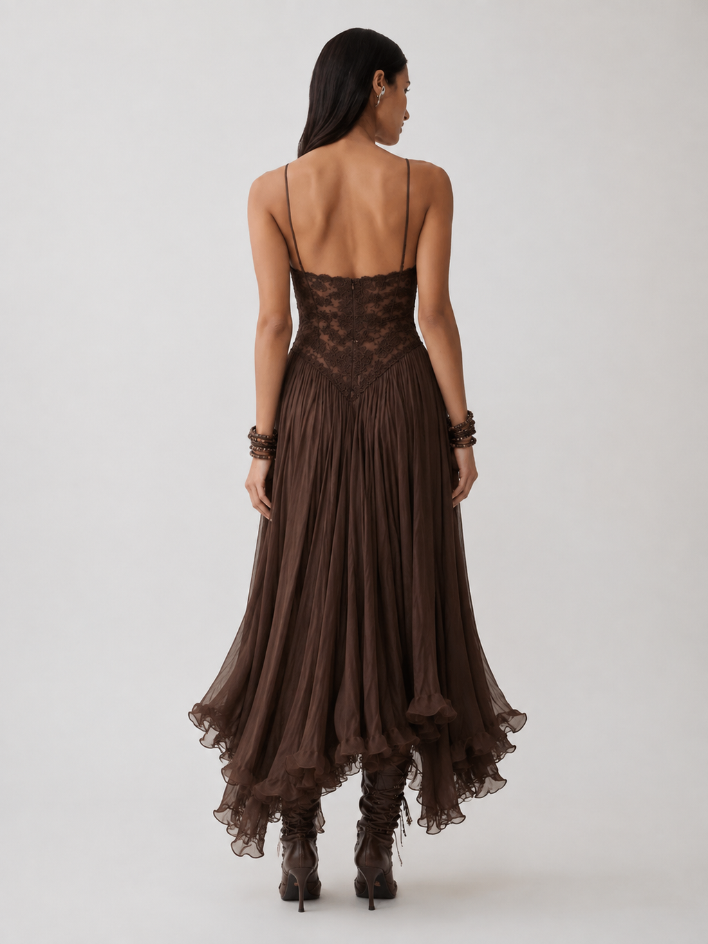 Federica | Vestido Maxi en Chiffon y Encaje Marrón