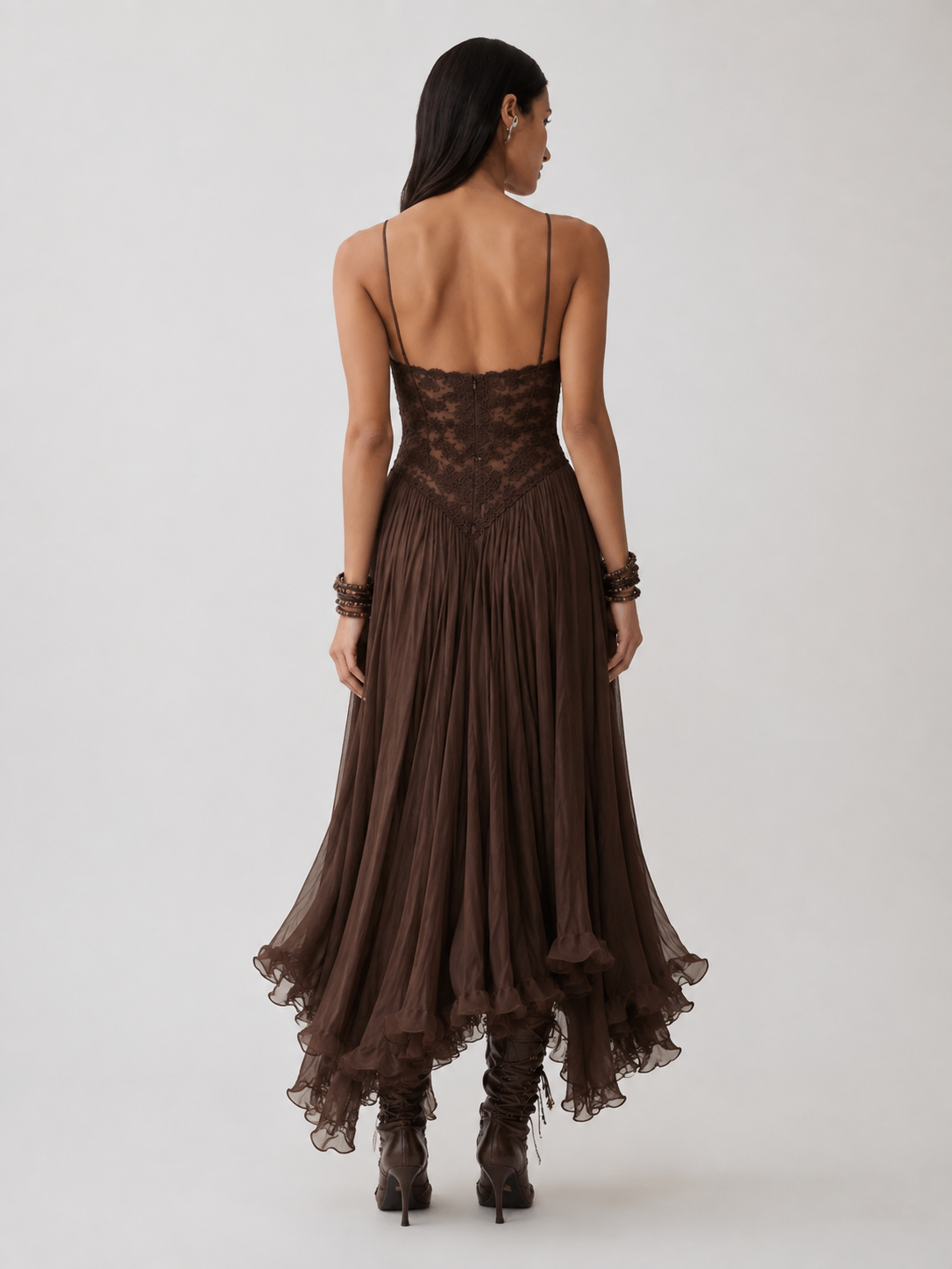 Federica | Vestido Maxi en Chiffon y Encaje Marrón