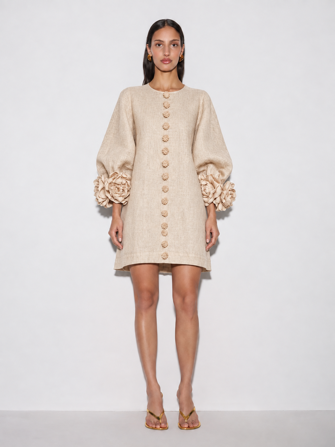 Bruna | Vestido Mini de Mezcla de Lino con Puños Anudados