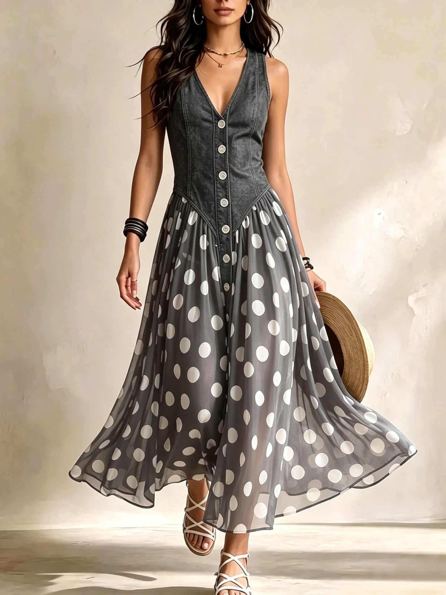 Adeline | Polka Dot Denim Maxi Dress