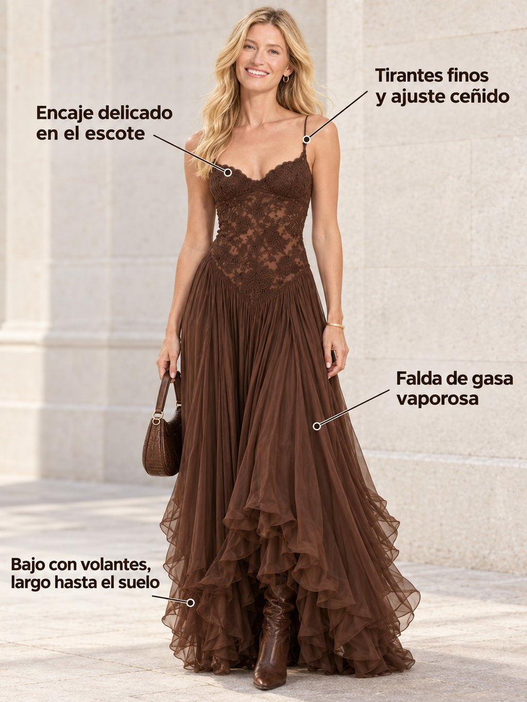 Federica | Vestido Maxi en Chiffon y Encaje Marrón