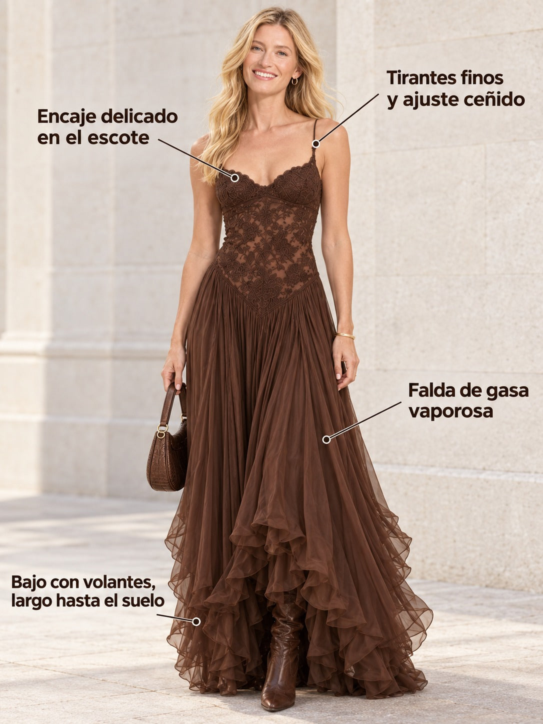 Federica | Vestido Maxi en Chiffon y Encaje Marrón