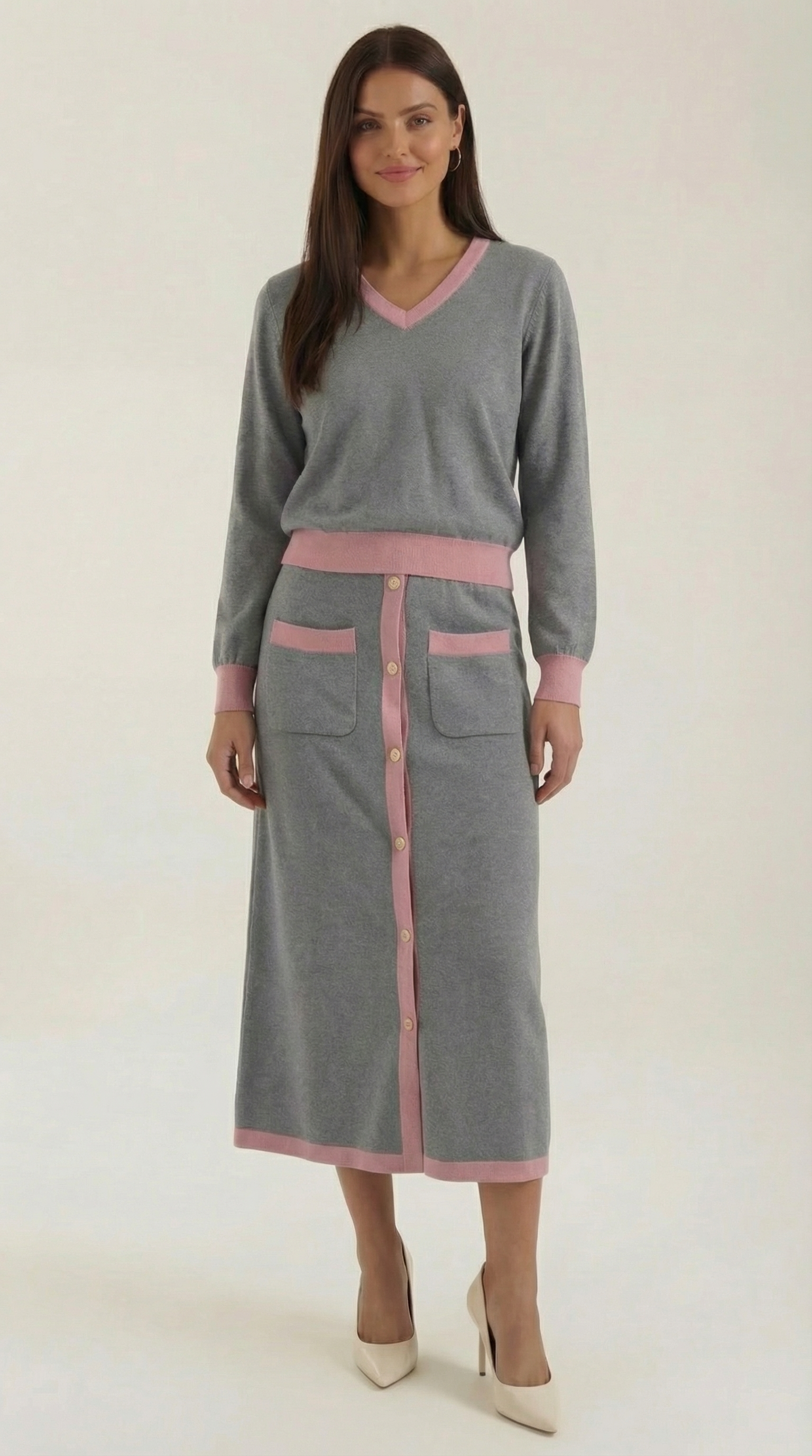'Cheryl' V-neck sweater and midi skirt set