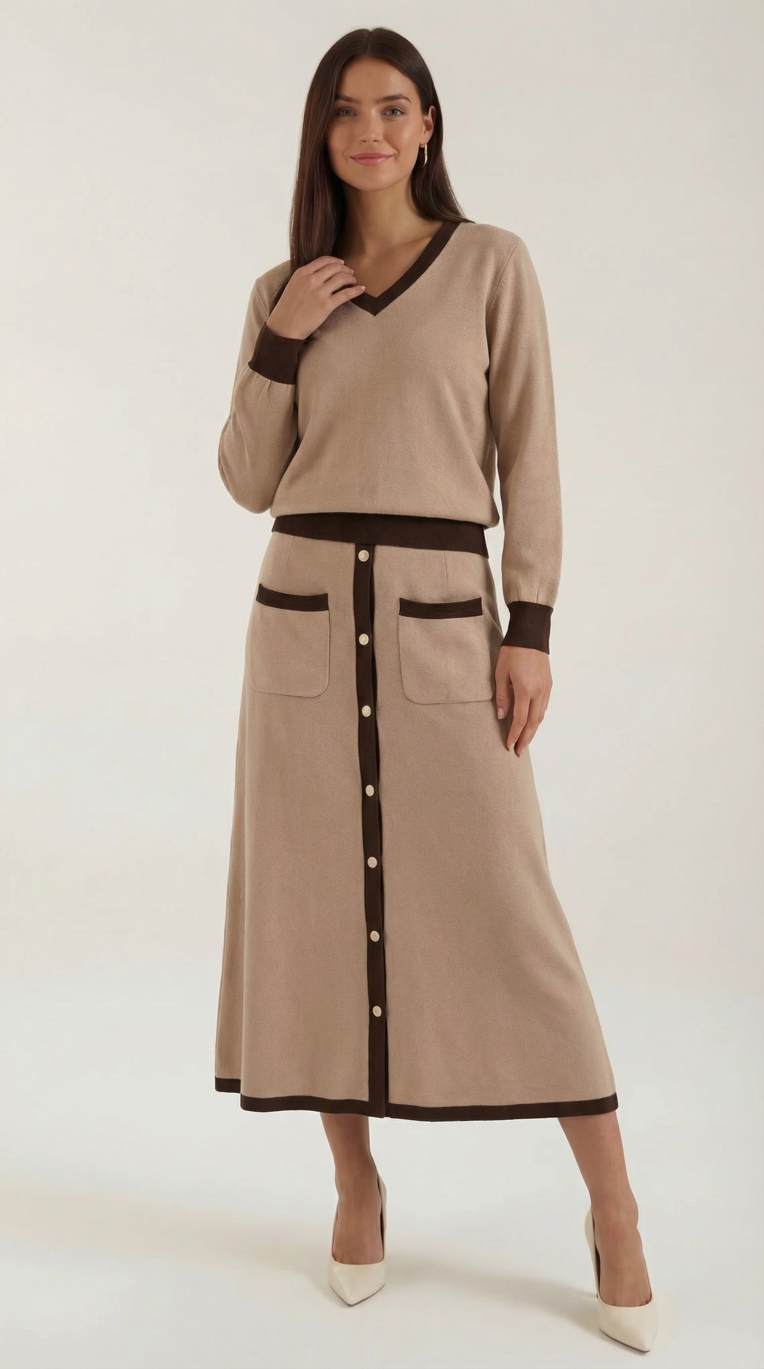 'Cheryl' V-neck sweater and midi skirt set